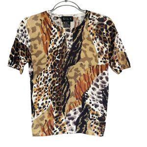 Silx Womens Animal Print Sweater Medium 100% Silk Short Sleeve Multicolor